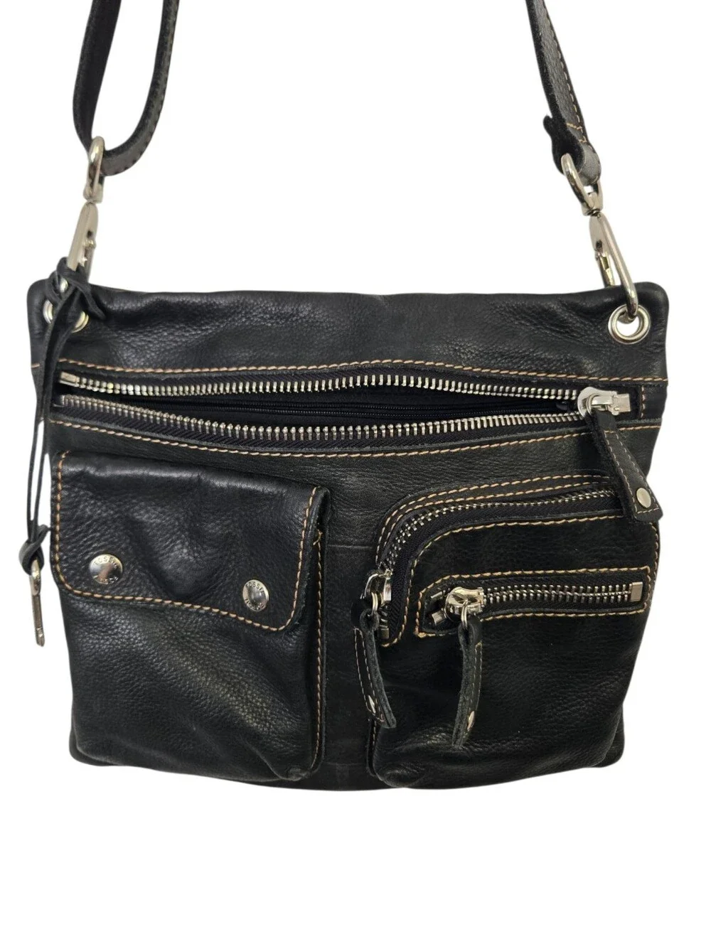 Fossil Black Genuine Leather Multi-Pocket Crossbody Organizer Bag